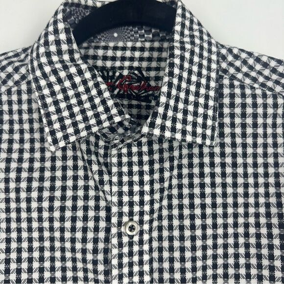 ROBERT GRAHAM Men’s Black and White Plaid Flip Cuff Button Down Sz S Classic Fit - Picture 2 of 8